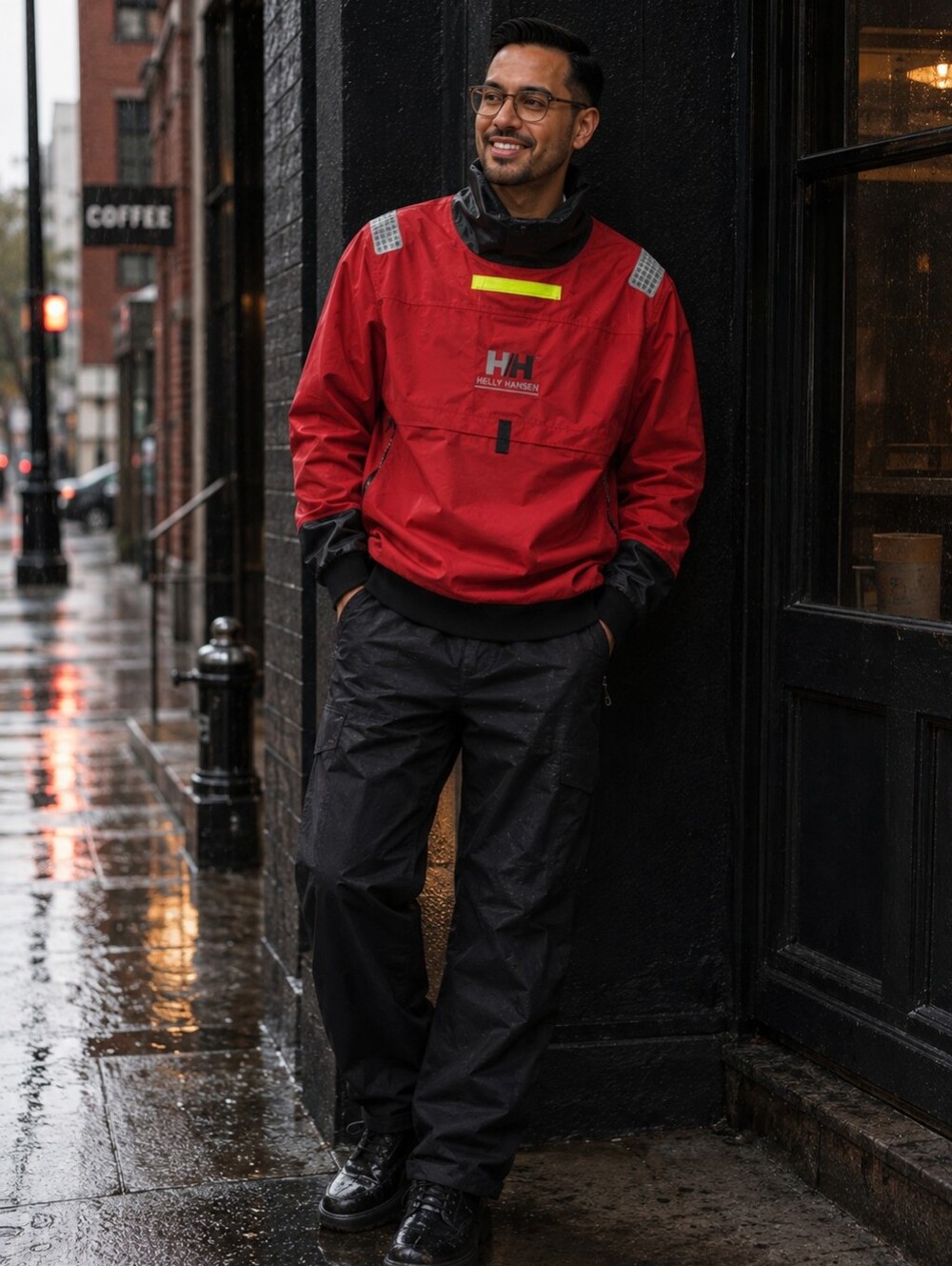 Helly Hansen Red and Black Men's Raincoat with High-Visibility Trim